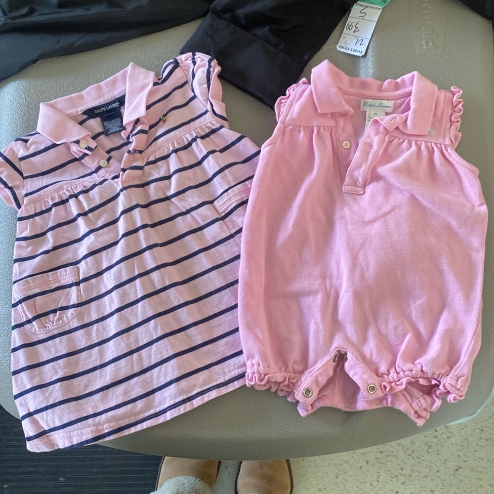 Bundle Ralph Lauren pink dress (12m) & romper 9 month